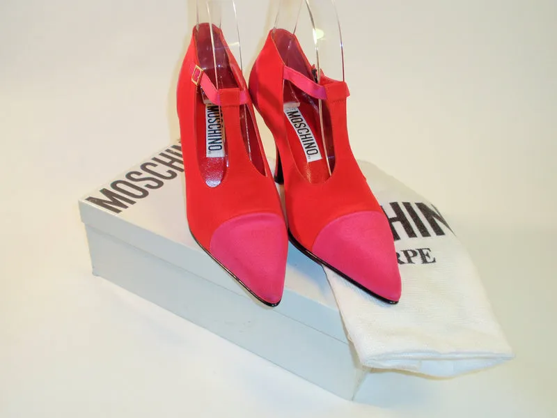 MOSCHINO Red and Pink T-Strap High Heel Shoes with Dust Bag Size 7 1/2