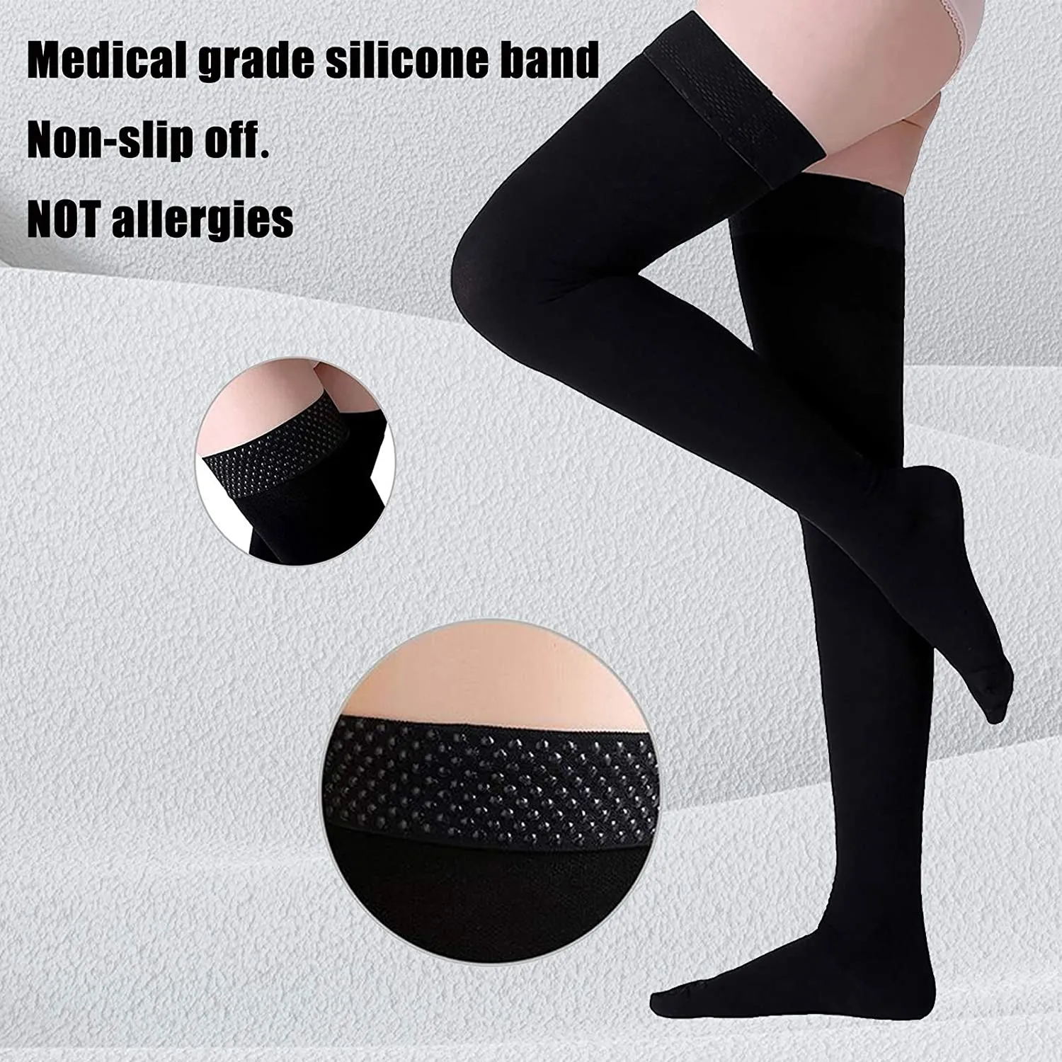 New in package! Thigh High Compression Stockings, Closed Toe, Pair, Firm Support 20-30mmHg Gradient with Silicone Band, Unisex, Opaque, Best for Spider & Varicose Veins, Edema, Swelling, Black, XXL!