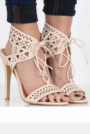 Nude PU Lazer Cut Lace Up Heels - Kyra