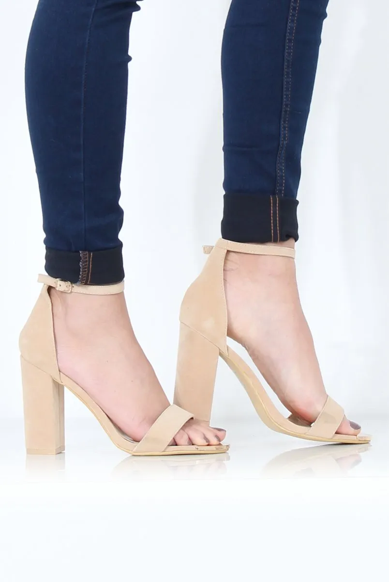 Nude Suede Open Toe Block Heels - Billie
