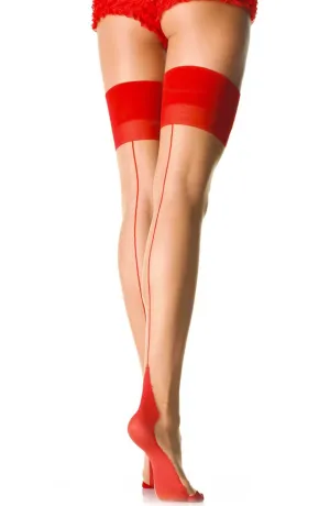 Nude thigh high stockings with red backseam