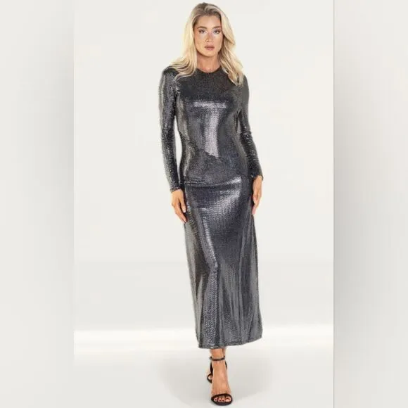 NWT Bardot Mirror Dress In Silver Sequin Size Medium Long Sleeve Metallic Weddin