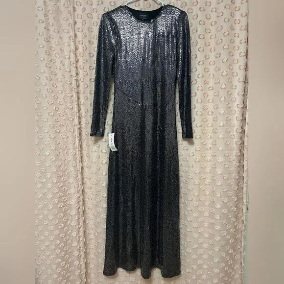 NWT Bardot Mirror Dress In Silver Sequin Size Medium Long Sleeve Metallic Weddin