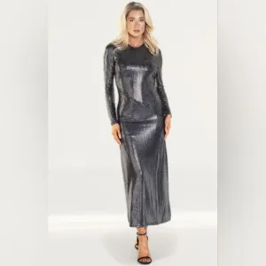 NWT Bardot Mirror Dress In Silver Sequin Size Medium Long Sleeve Metallic Weddin