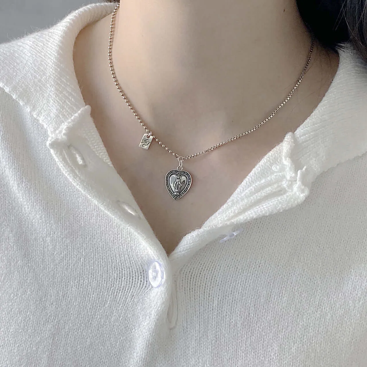 Our Lady of Love Vintage Silver Virgin Mary Necklace