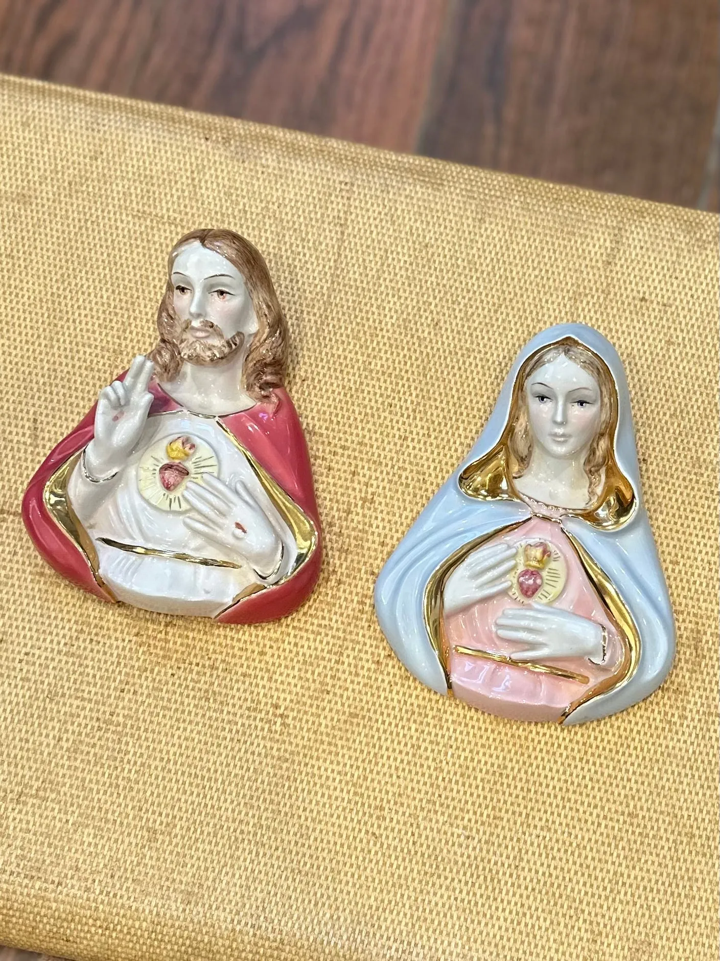 Pair of Vintage Midcentury Italian Ceramic Jesus & Virgin Mary Sacred Heart Busts Wall Hangings Made in Italy for L.B. New York