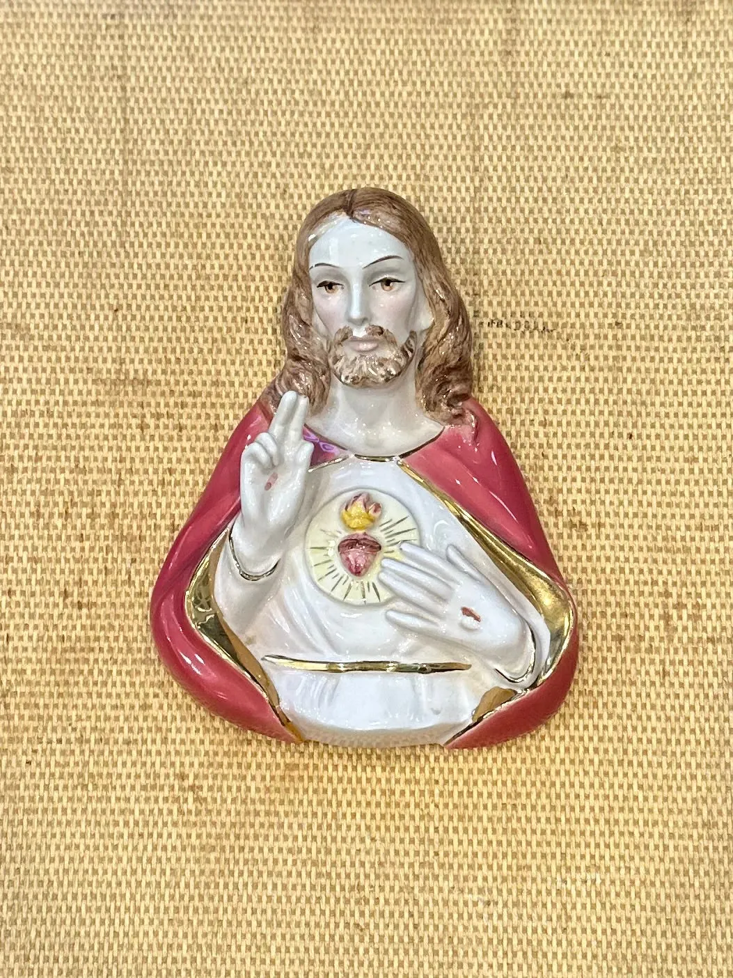 Pair of Vintage Midcentury Italian Ceramic Jesus & Virgin Mary Sacred Heart Busts Wall Hangings Made in Italy for L.B. New York