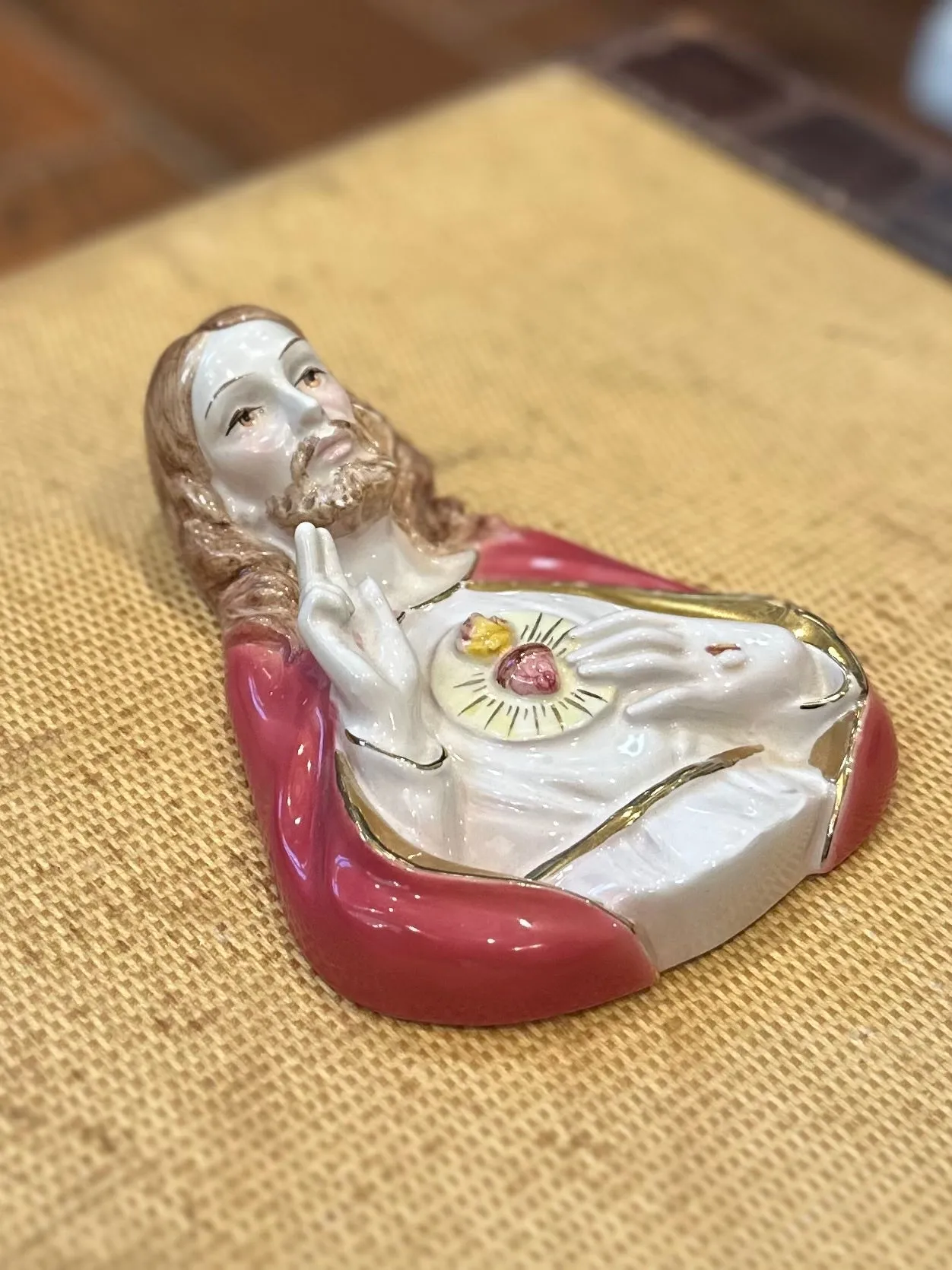 Pair of Vintage Midcentury Italian Ceramic Jesus & Virgin Mary Sacred Heart Busts Wall Hangings Made in Italy for L.B. New York