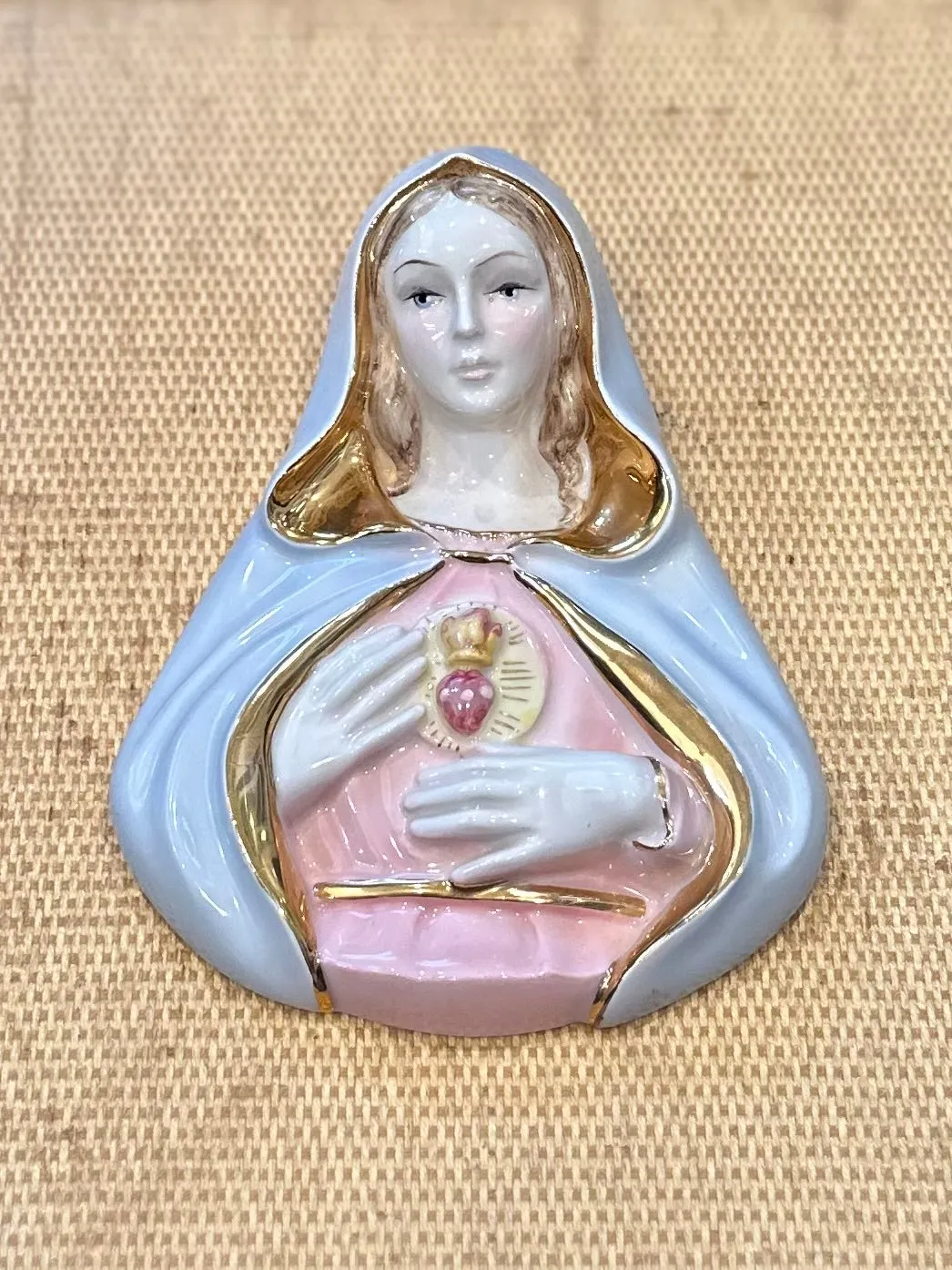 Pair of Vintage Midcentury Italian Ceramic Jesus & Virgin Mary Sacred Heart Busts Wall Hangings Made in Italy for L.B. New York
