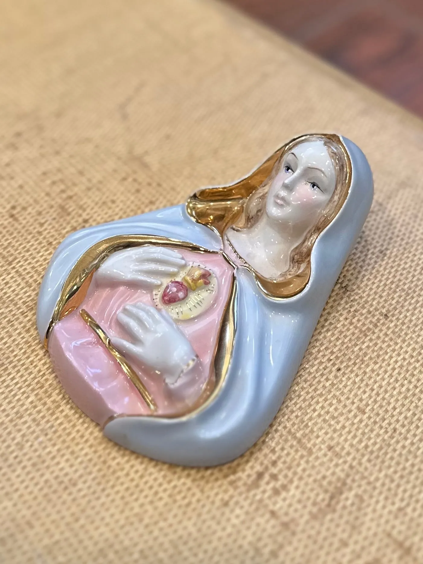 Pair of Vintage Midcentury Italian Ceramic Jesus & Virgin Mary Sacred Heart Busts Wall Hangings Made in Italy for L.B. New York
