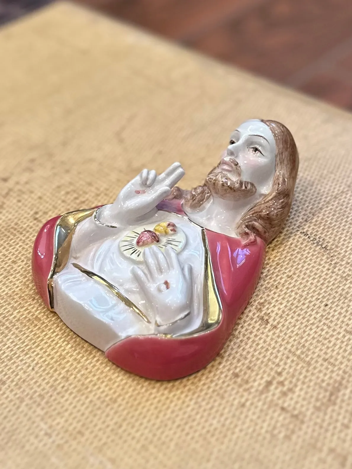 Pair of Vintage Midcentury Italian Ceramic Jesus & Virgin Mary Sacred Heart Busts Wall Hangings Made in Italy for L.B. New York