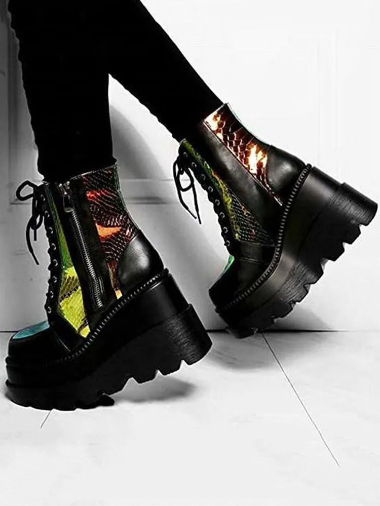 Patchwork Lace Up High Heels Boots
