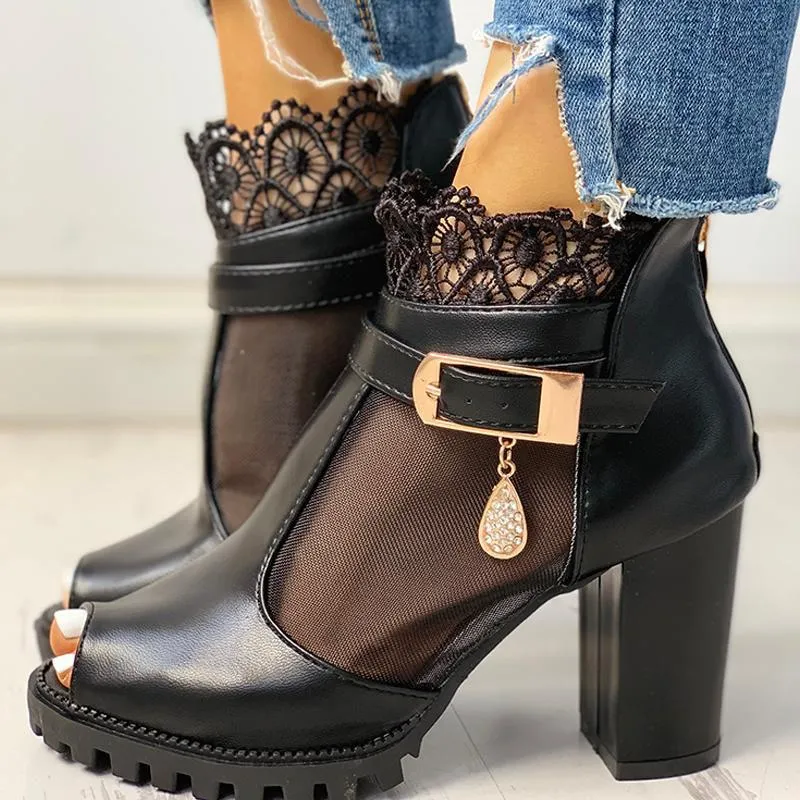 Peep Toe Lace Mesh Insert Chunky Heeled Boot