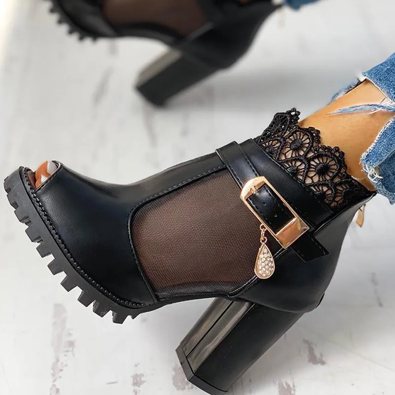Peep Toe Lace Mesh Insert Chunky Heeled Boot