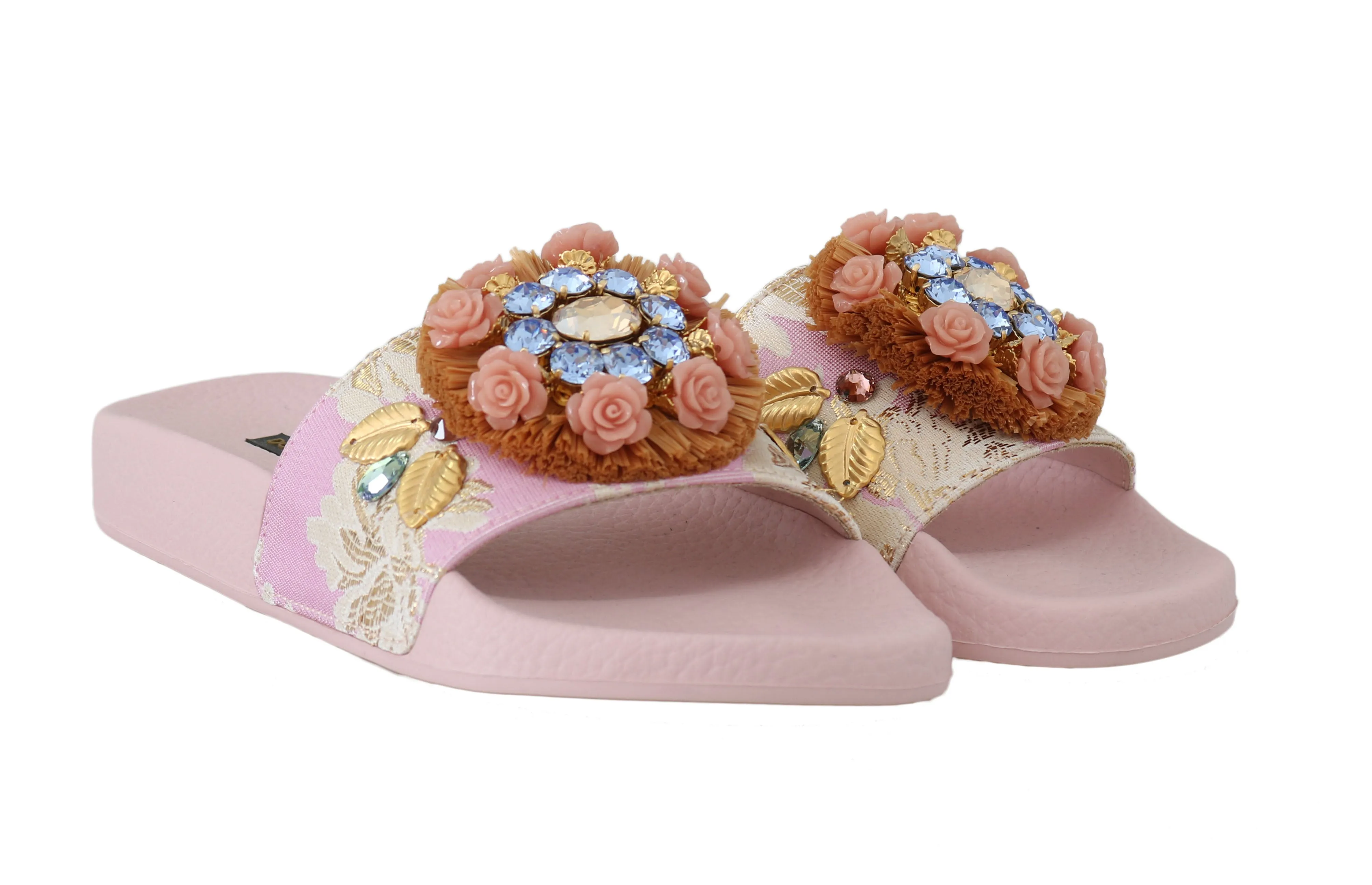 Pink Jacquard Crystal Flip Flops Flats