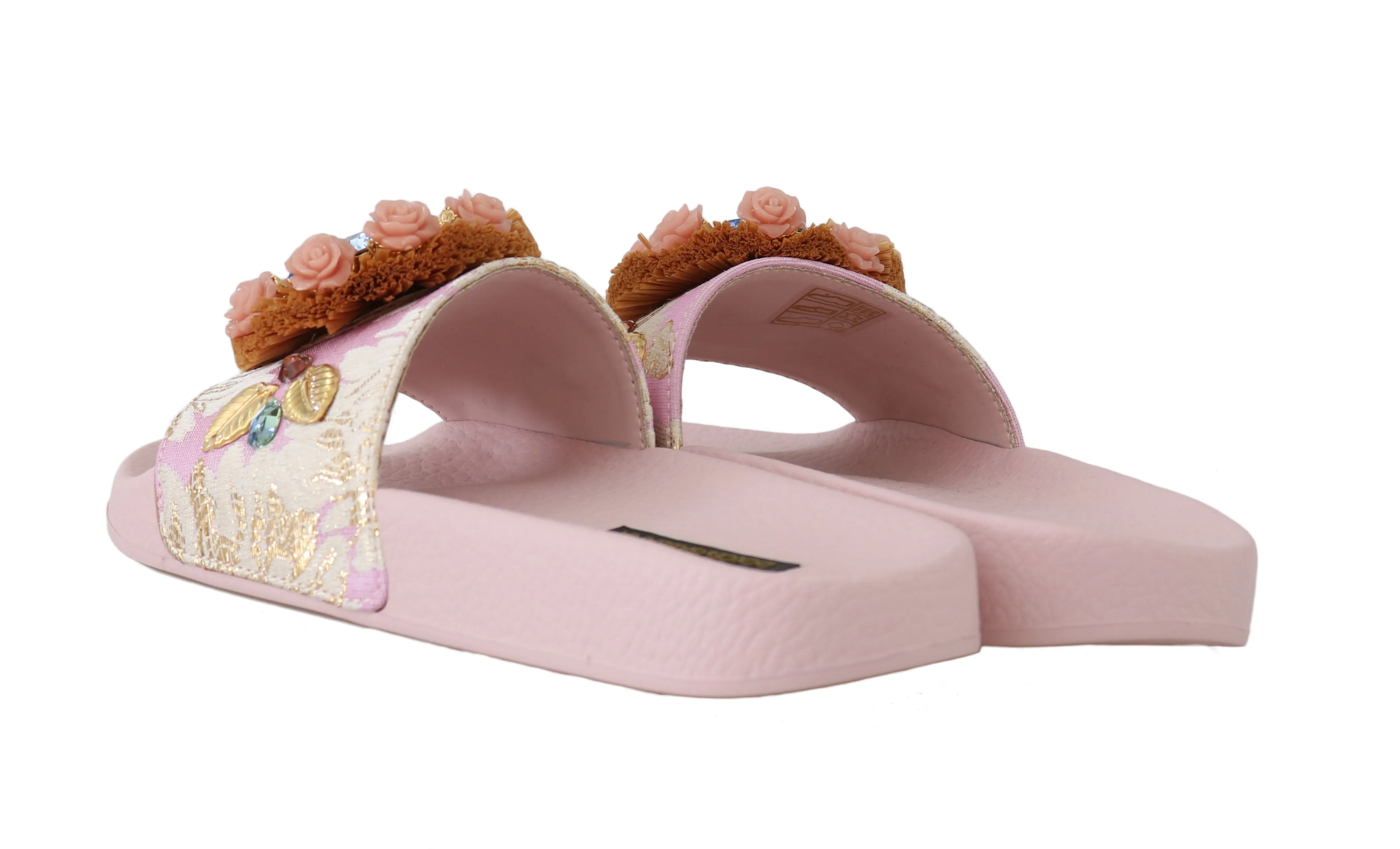 Pink Jacquard Crystal Flip Flops Flats