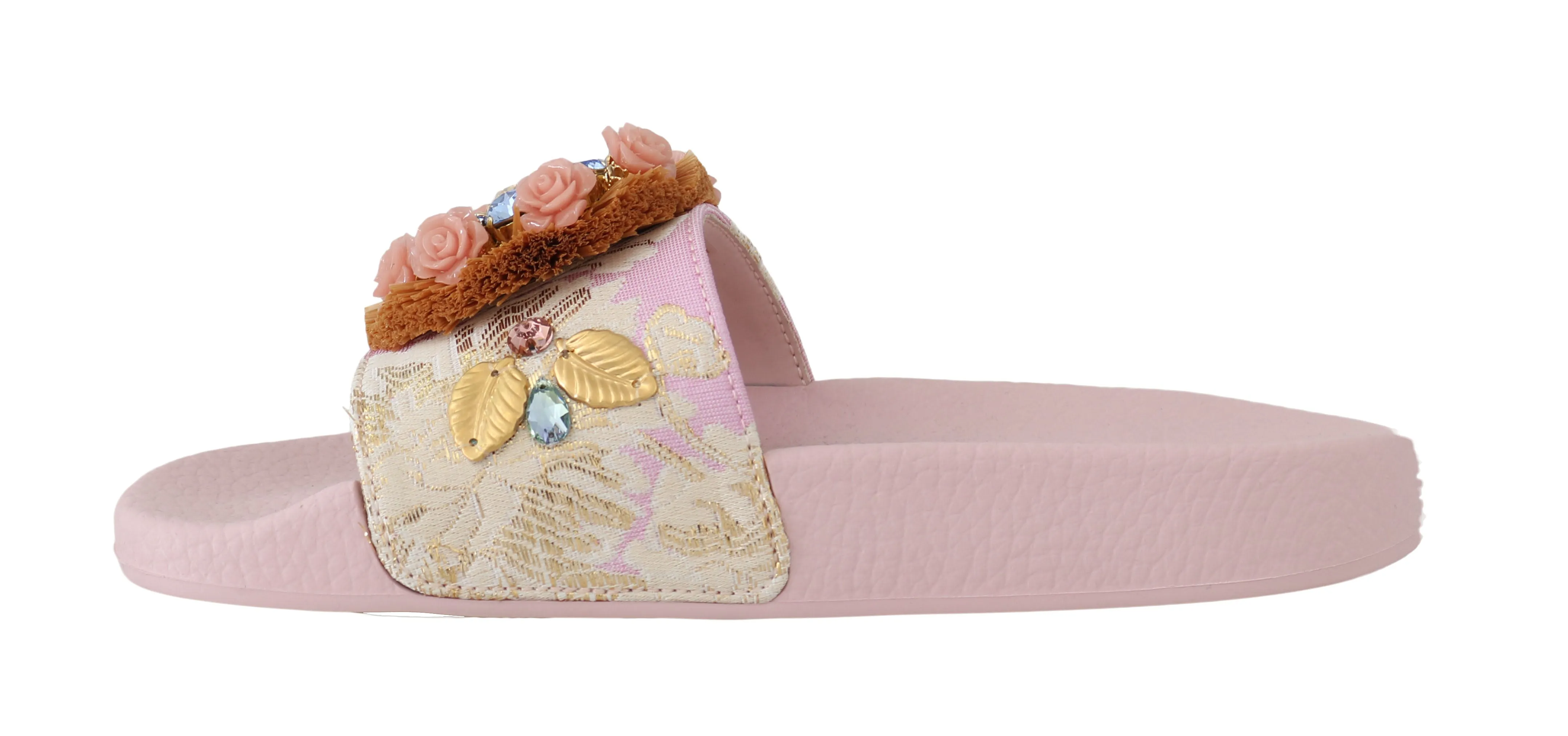 Pink Jacquard Crystal Flip Flops Flats