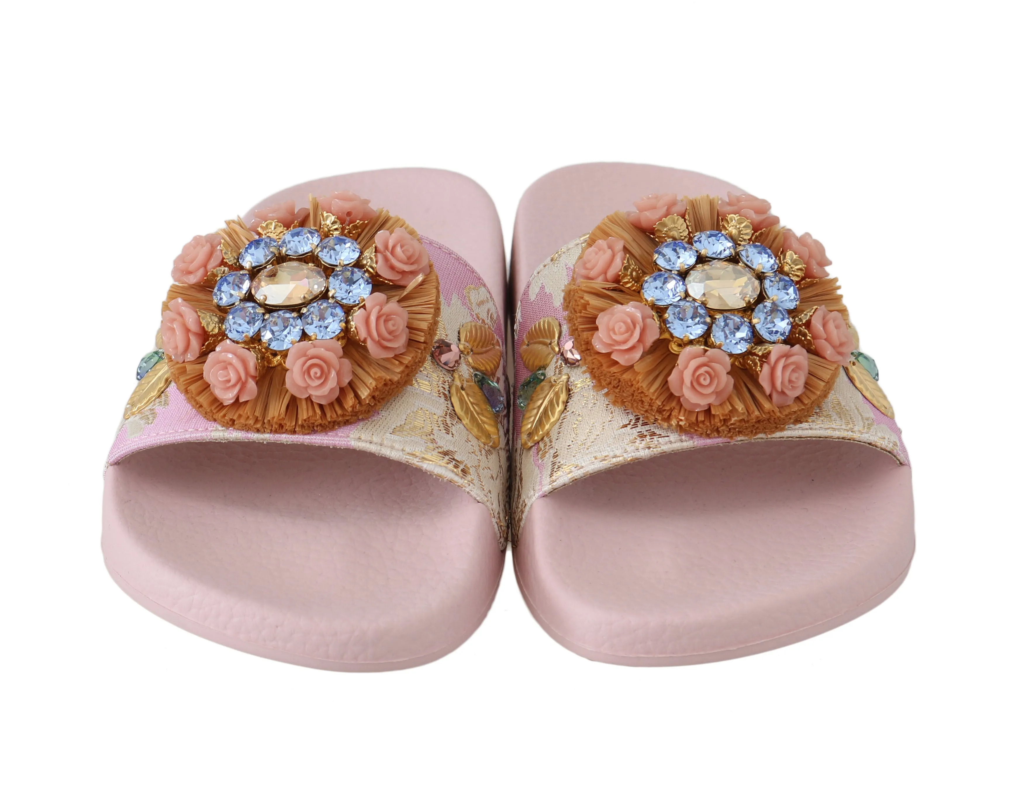 Pink Jacquard Crystal Flip Flops Flats