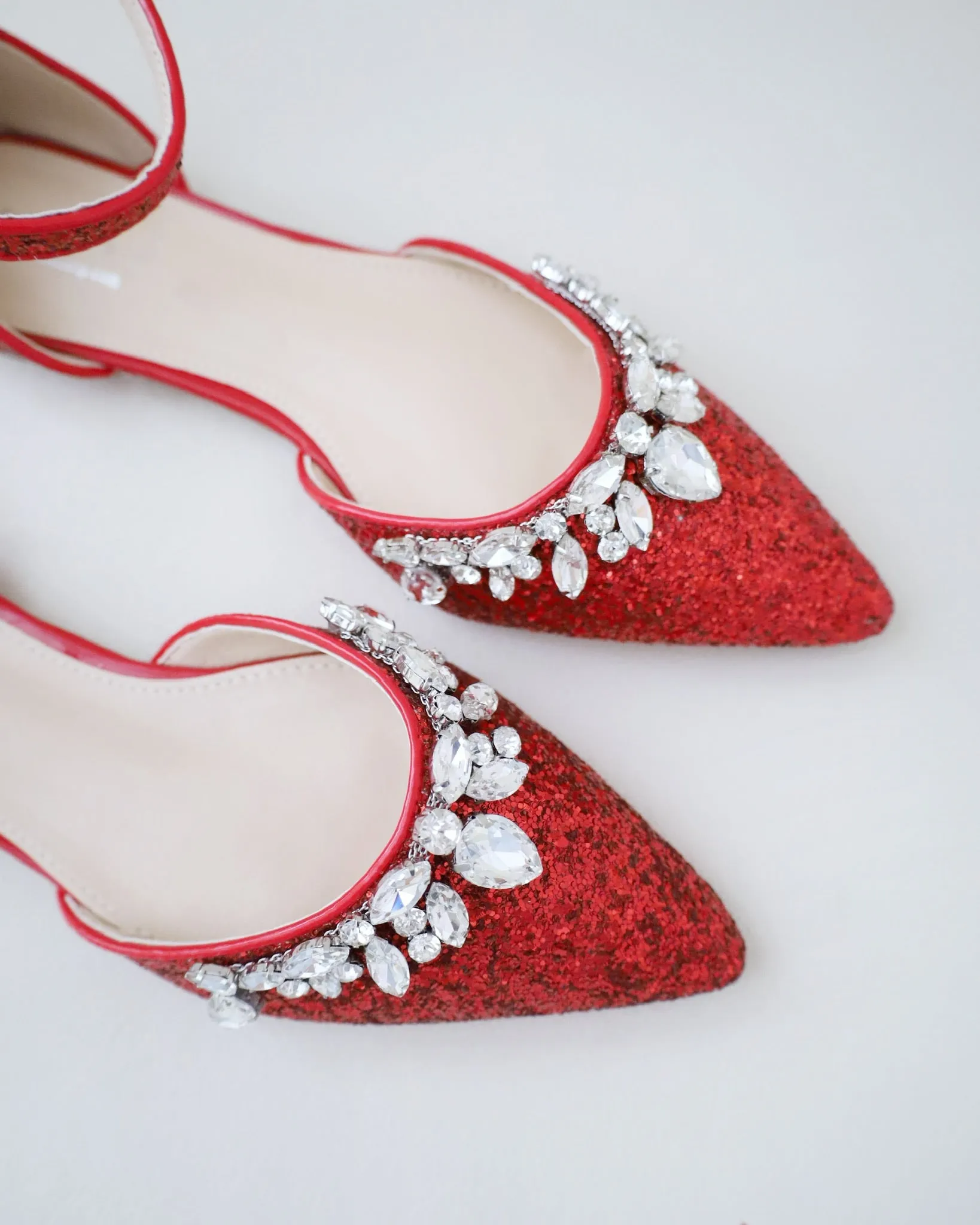 Pointy Toe Glitter Ankle Strap Flats with Teardrop Rhinestones