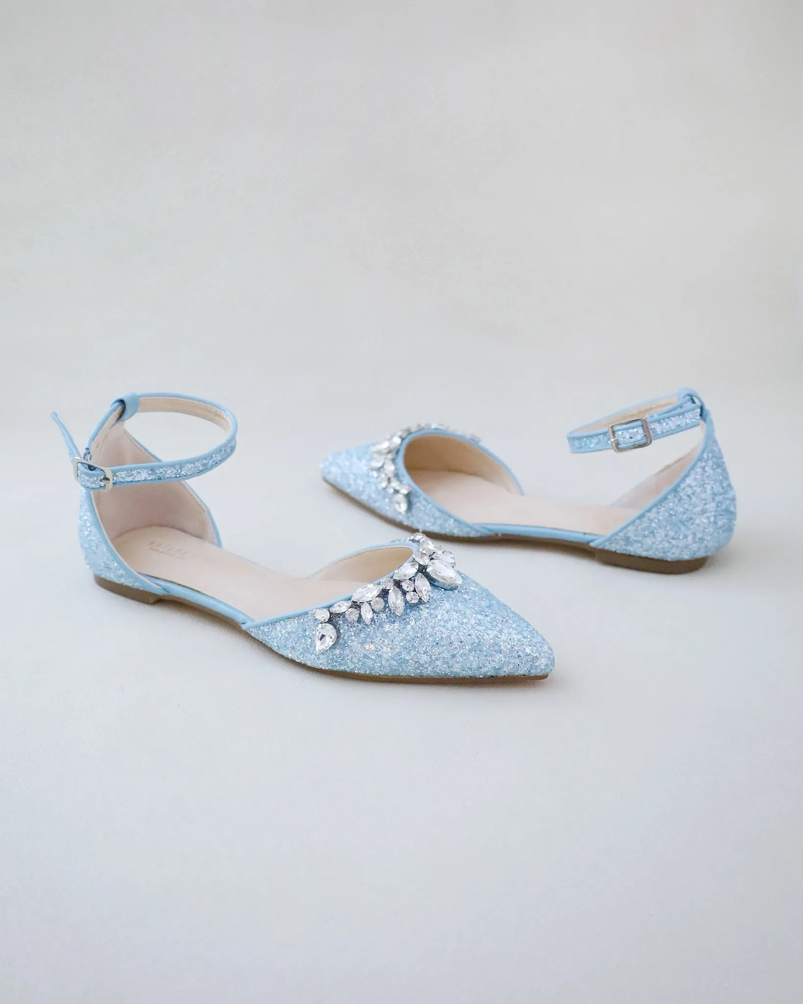 Pointy Toe Glitter Ankle Strap Flats with Teardrop Rhinestones