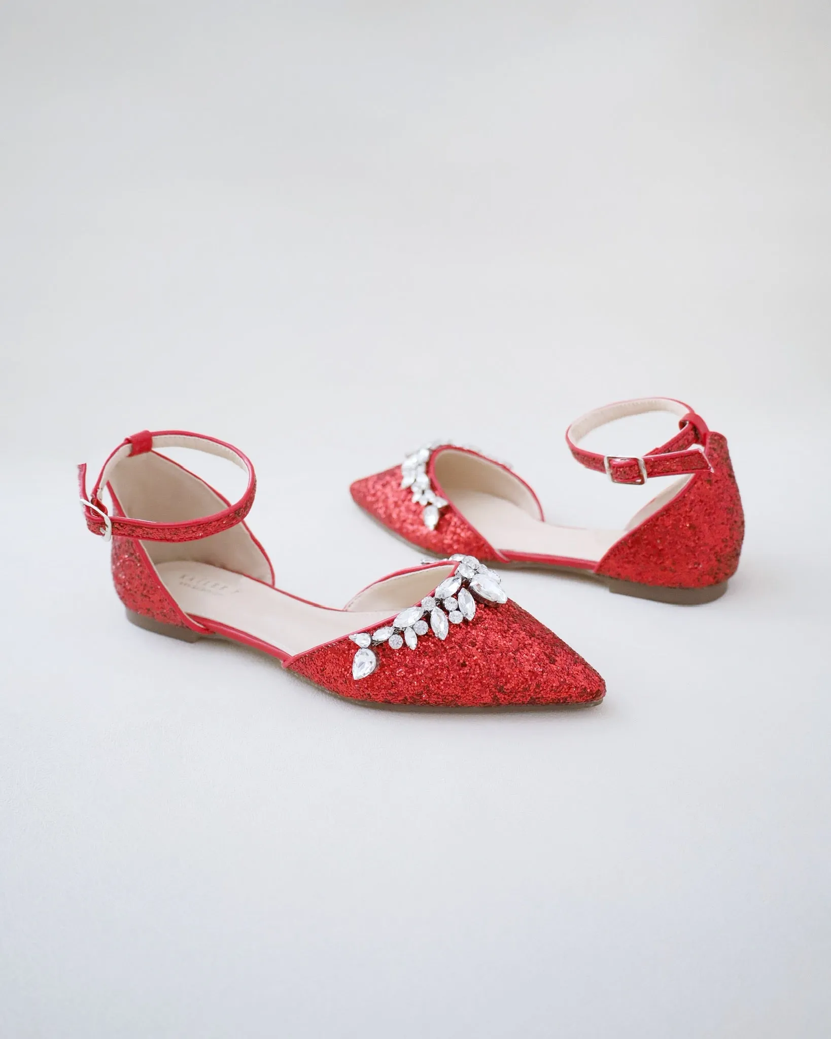 Pointy Toe Glitter Ankle Strap Flats with Teardrop Rhinestones
