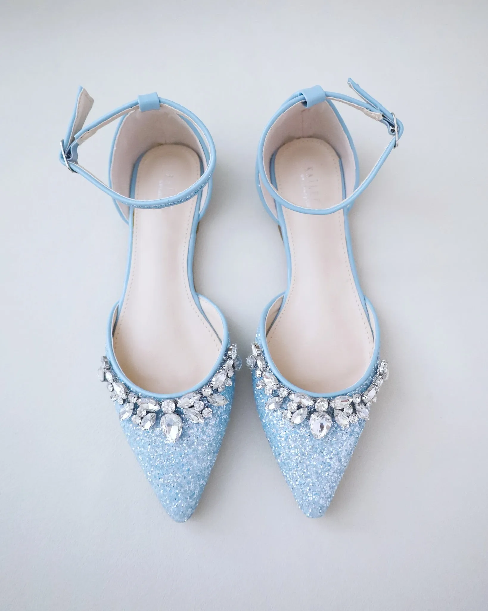 Pointy Toe Glitter Ankle Strap Flats with Teardrop Rhinestones