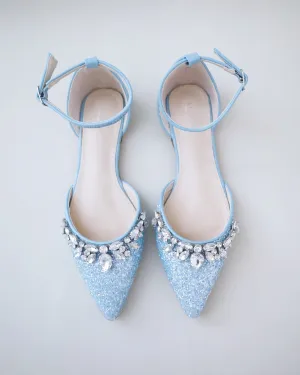 Pointy Toe Glitter Ankle Strap Flats with Teardrop Rhinestones
