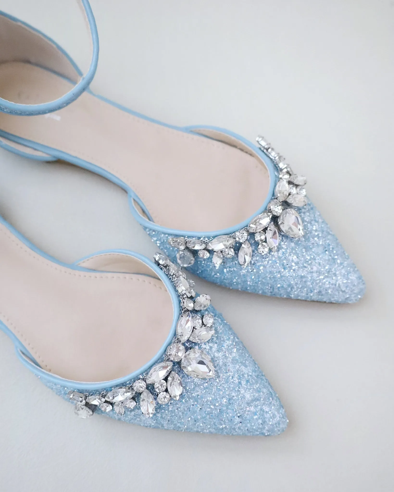 Pointy Toe Glitter Ankle Strap Flats with Teardrop Rhinestones