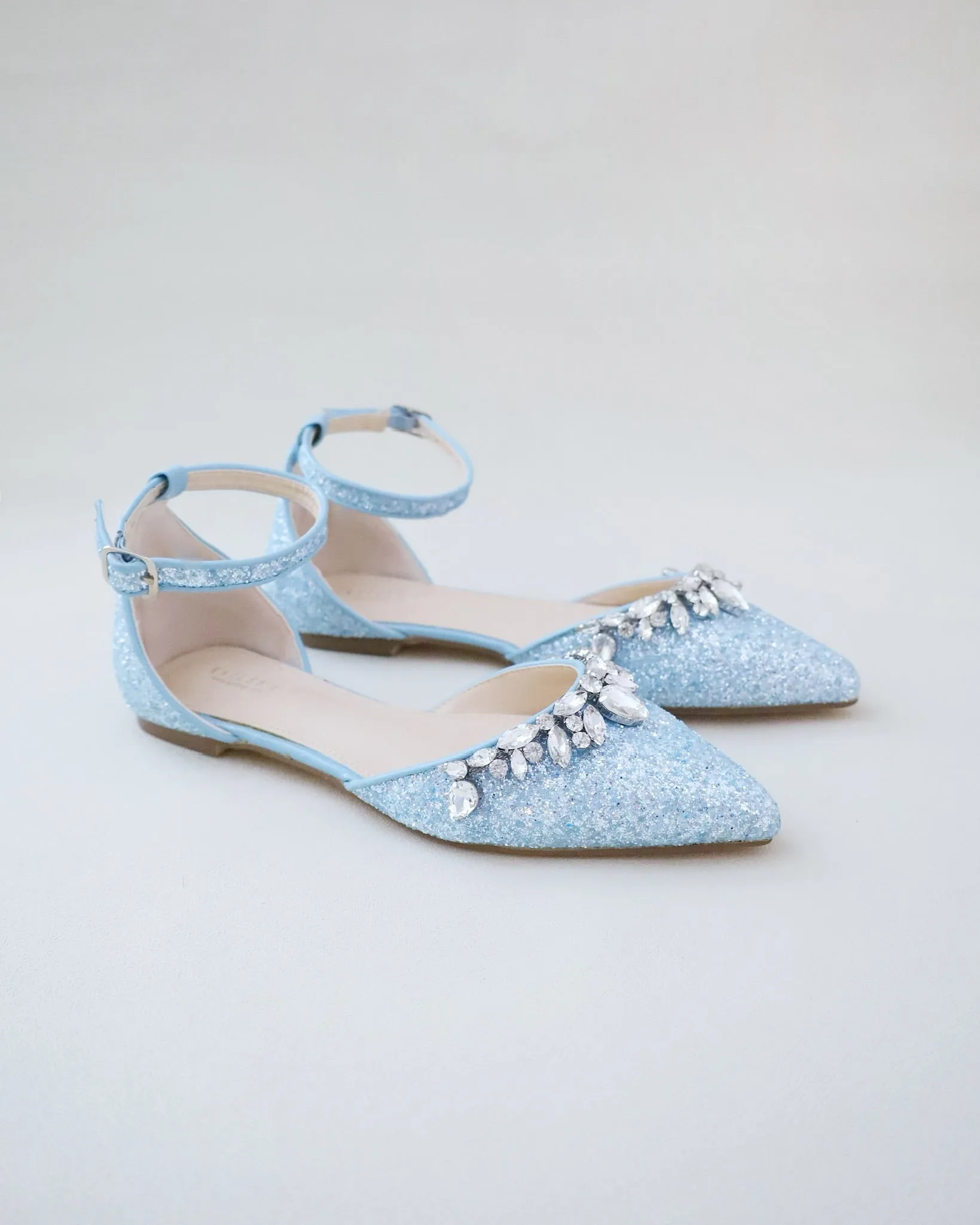 Pointy Toe Glitter Ankle Strap Flats with Teardrop Rhinestones
