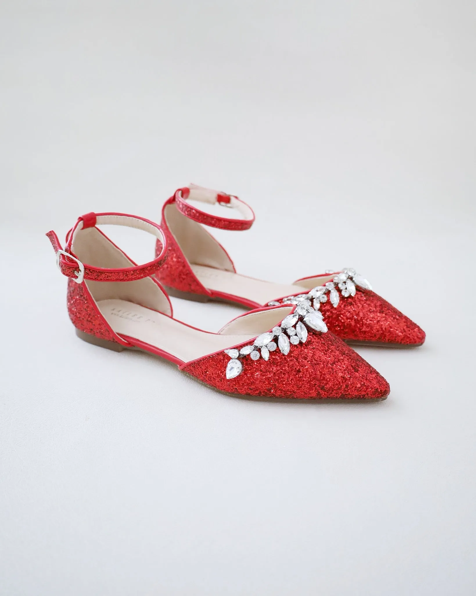 Pointy Toe Glitter Ankle Strap Flats with Teardrop Rhinestones