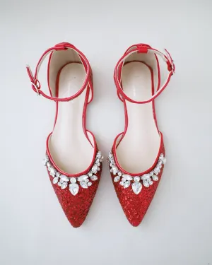 Pointy Toe Glitter Ankle Strap Flats with Teardrop Rhinestones
