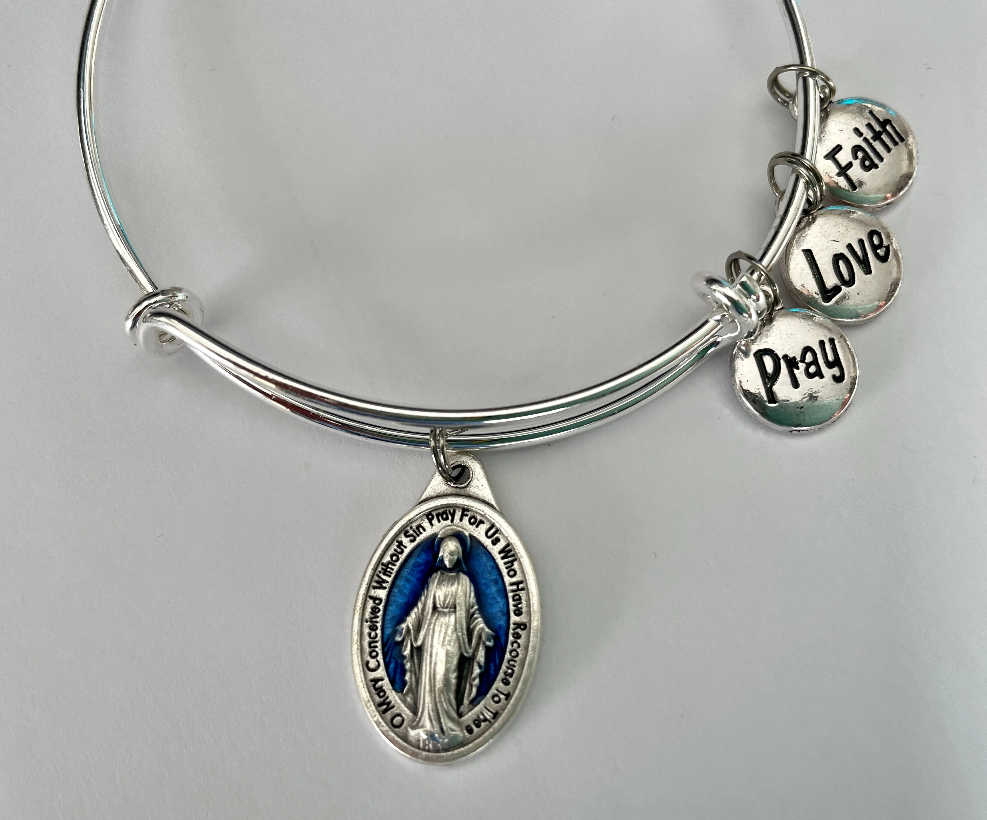 Pray Love Faith Miraculous Virgin Mary Silver Expandable Charm Bracelet Adjustable Bangle Catholic Gift
