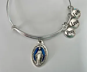Pray Love Faith Miraculous Virgin Mary Silver Expandable Charm Bracelet Adjustable Bangle Catholic Gift