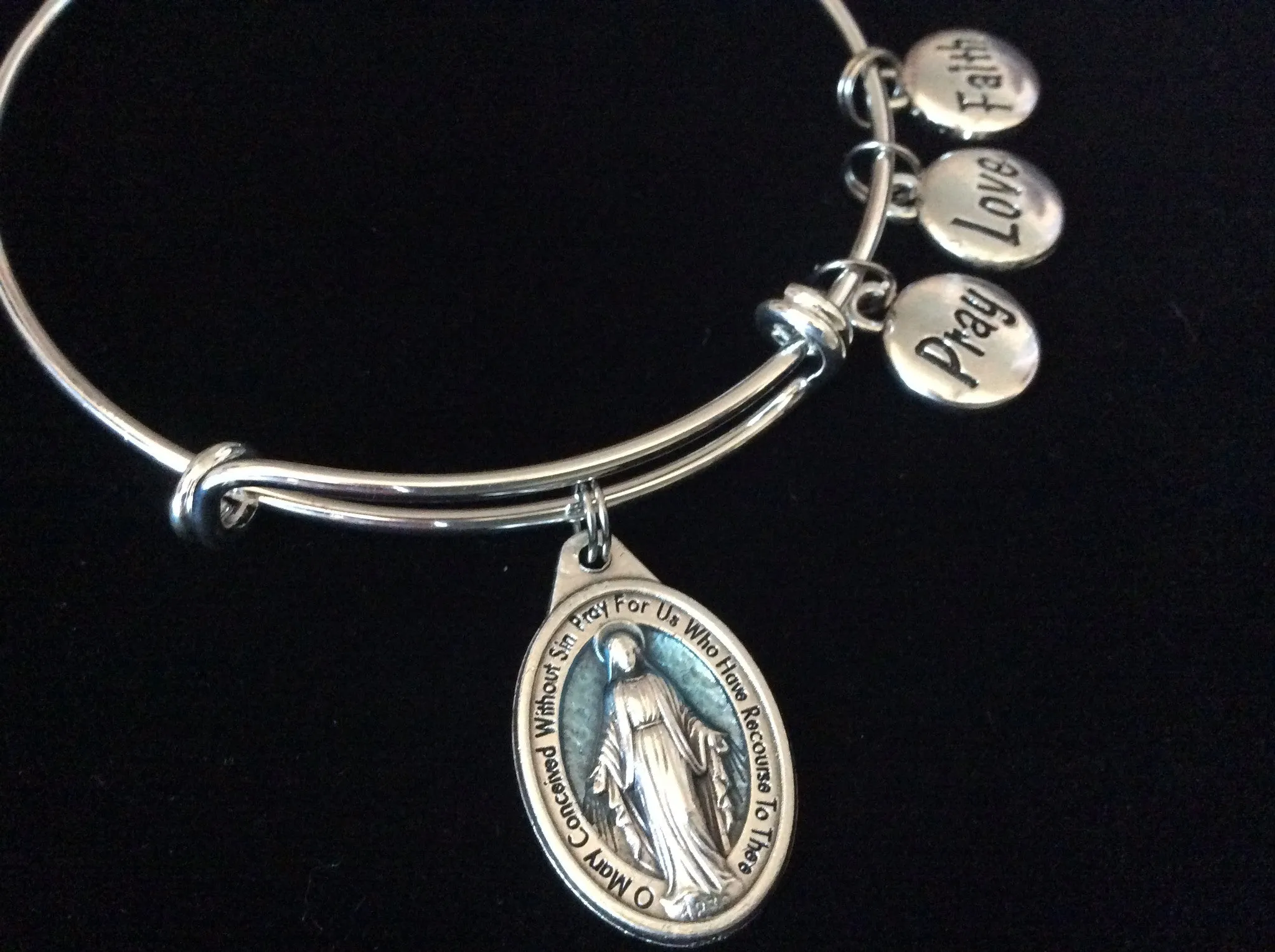 Pray Love Faith Miraculous Virgin Mary Silver Expandable Charm Bracelet Adjustable Bangle Catholic Gift
