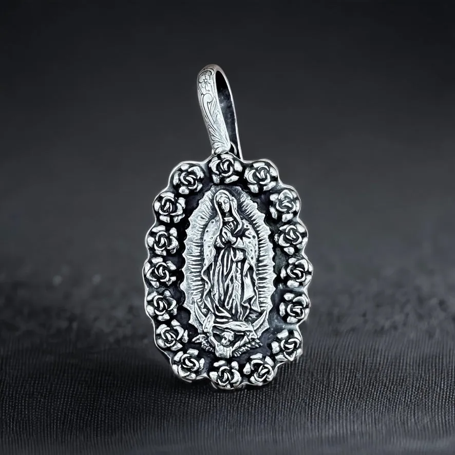 PTG1 Silver Rose Wrapped Ex Large Guadalupe Pendant