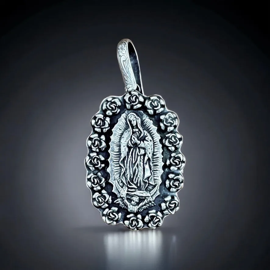 PTG1 Silver Rose Wrapped Ex Large Guadalupe Pendant