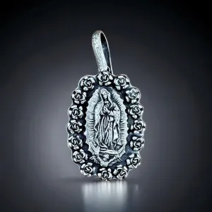 PTG1 Silver Rose Wrapped Ex Large Guadalupe Pendant