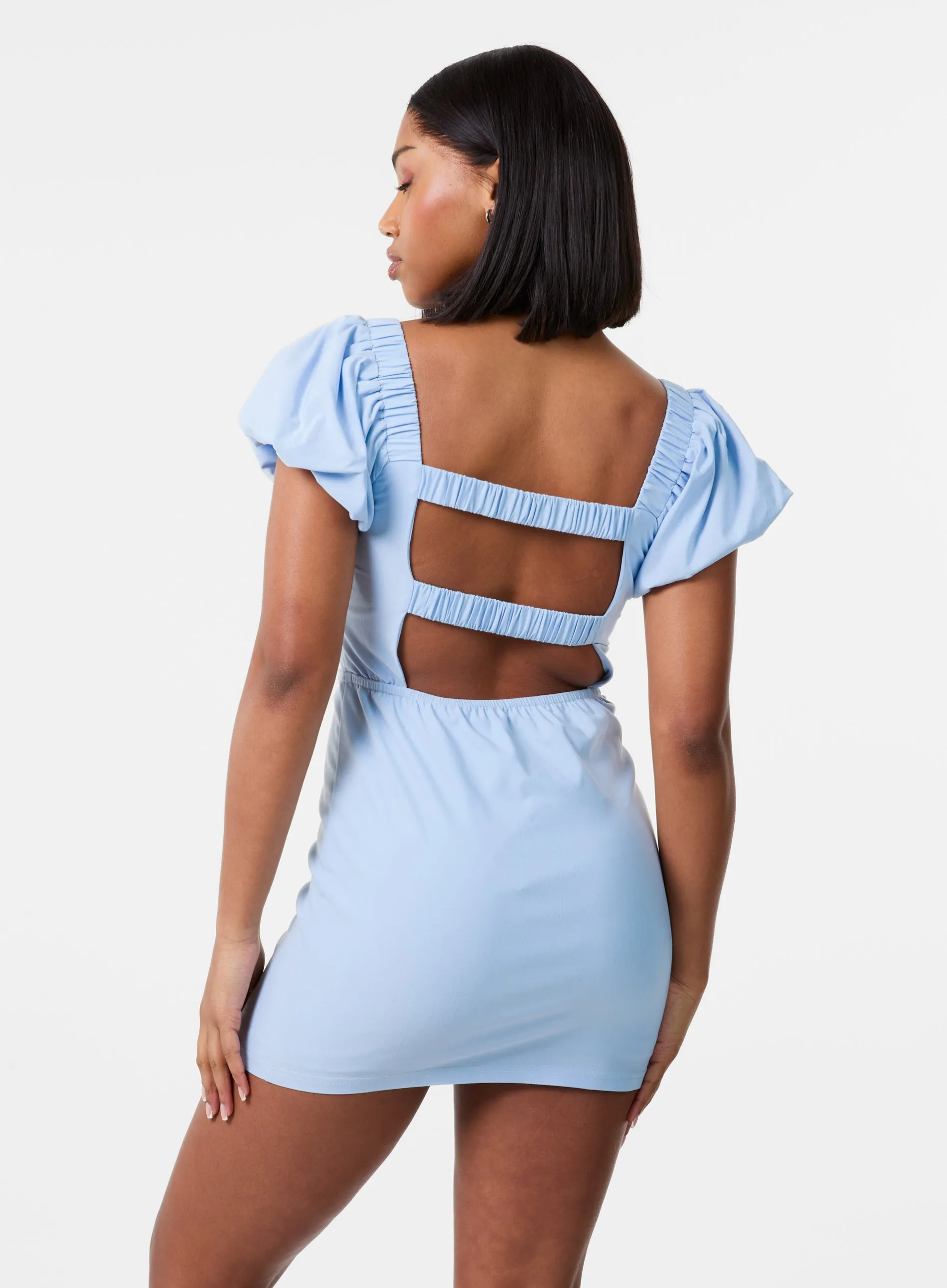 Puff Sleeve Open-Back Mini Dress With Shorts