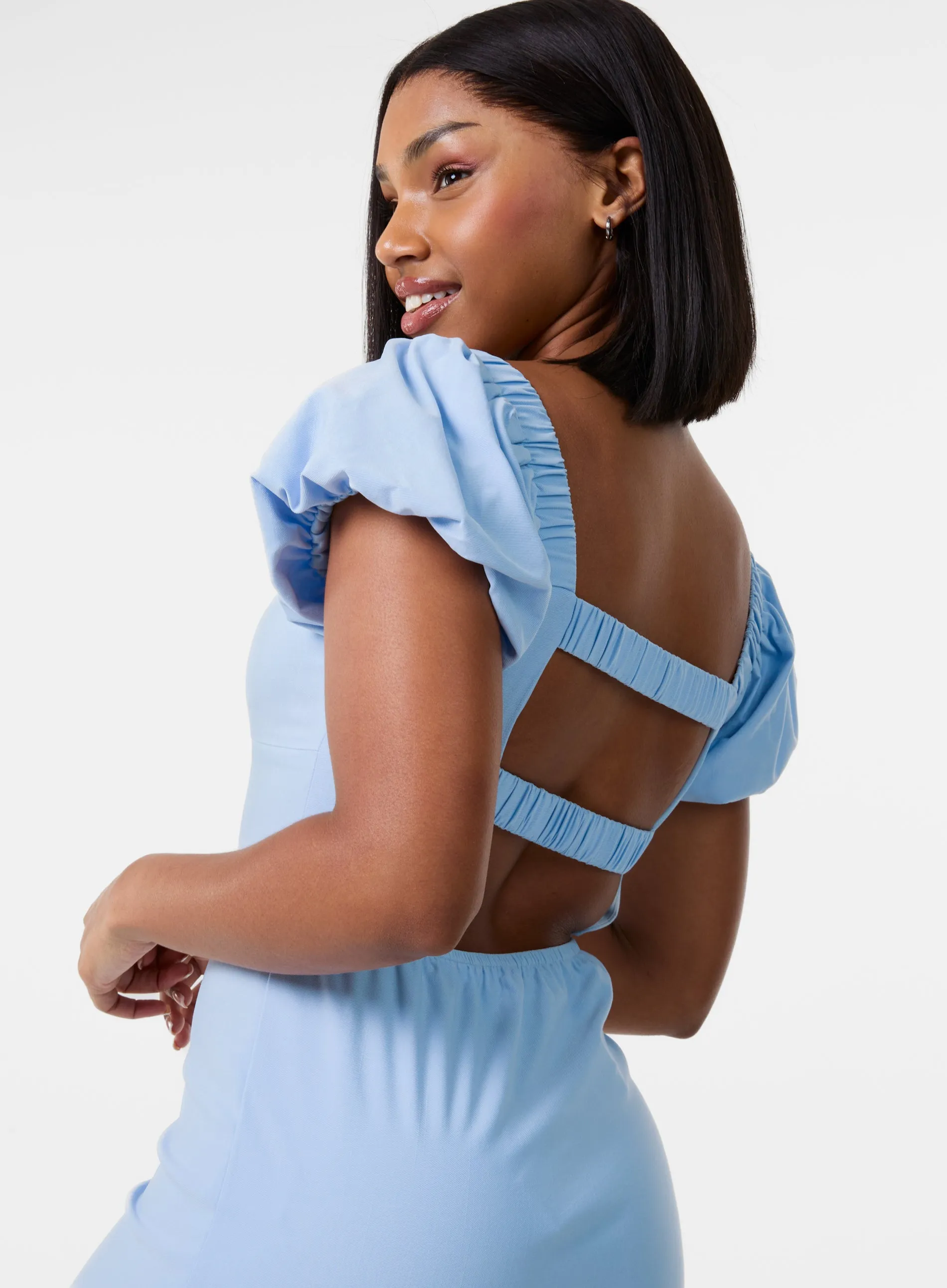 Puff Sleeve Open-Back Mini Dress With Shorts