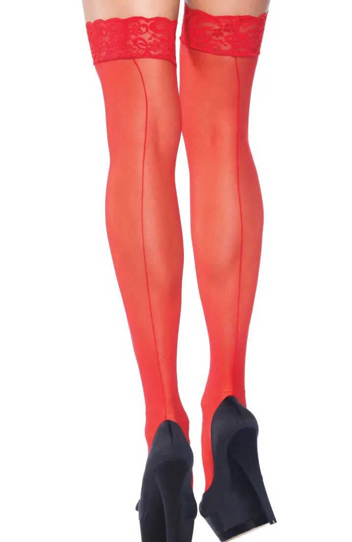 Red backseam thigh highs with lace top