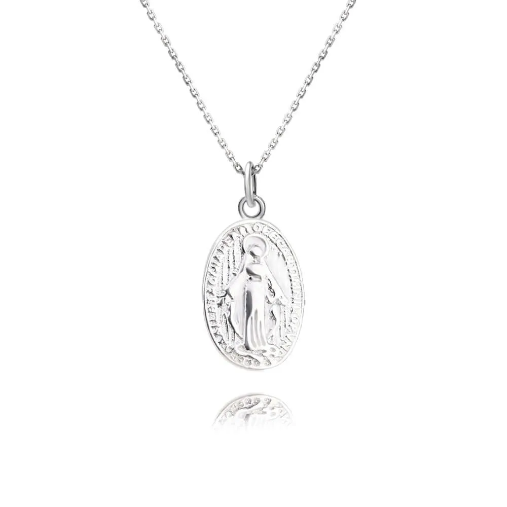 Religious Round Plaque Silver Virgin Mary Necklace