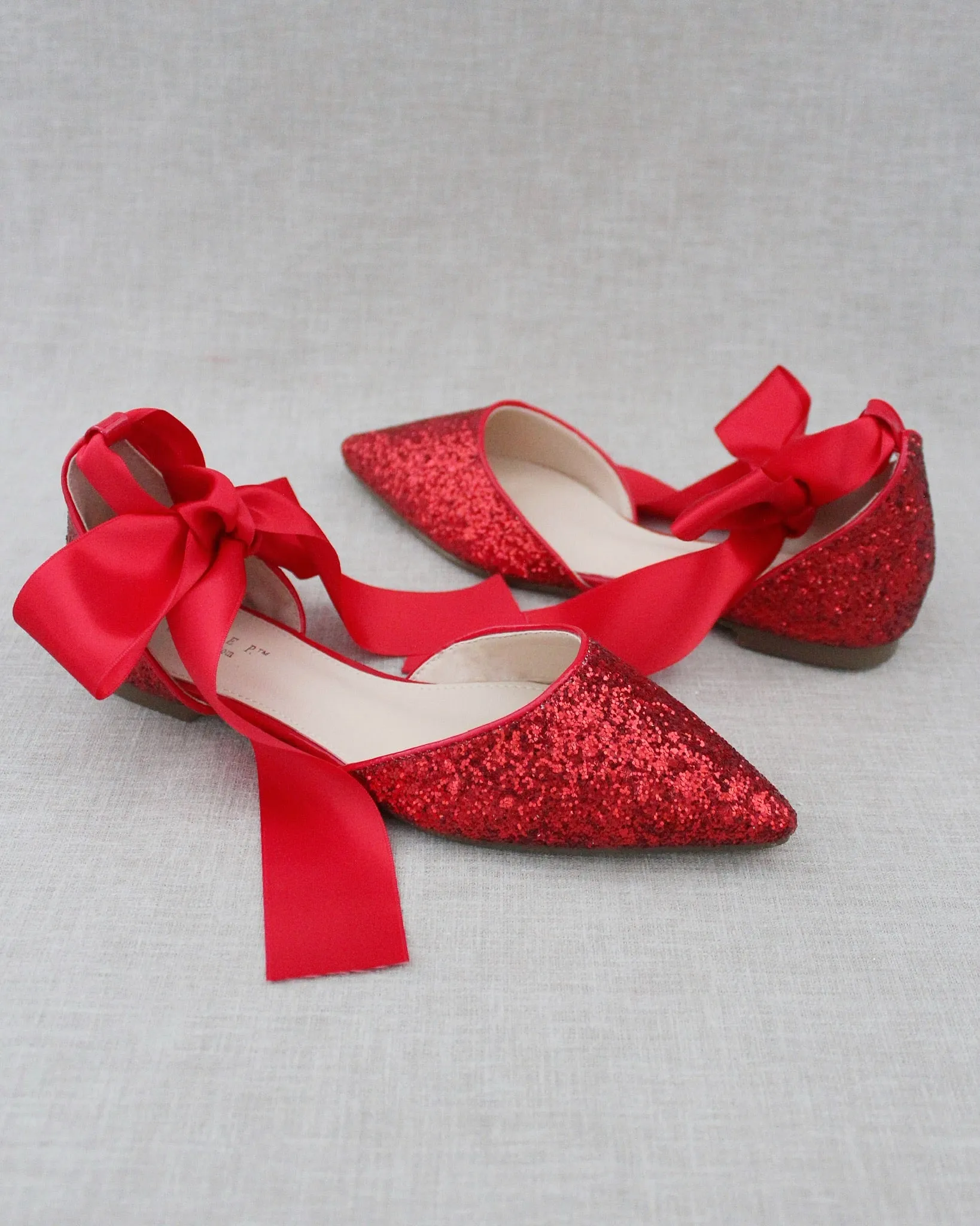 Rock Glitter Pointy Toe Flats with Satin Ankle Tie or Ballerina Lace Up