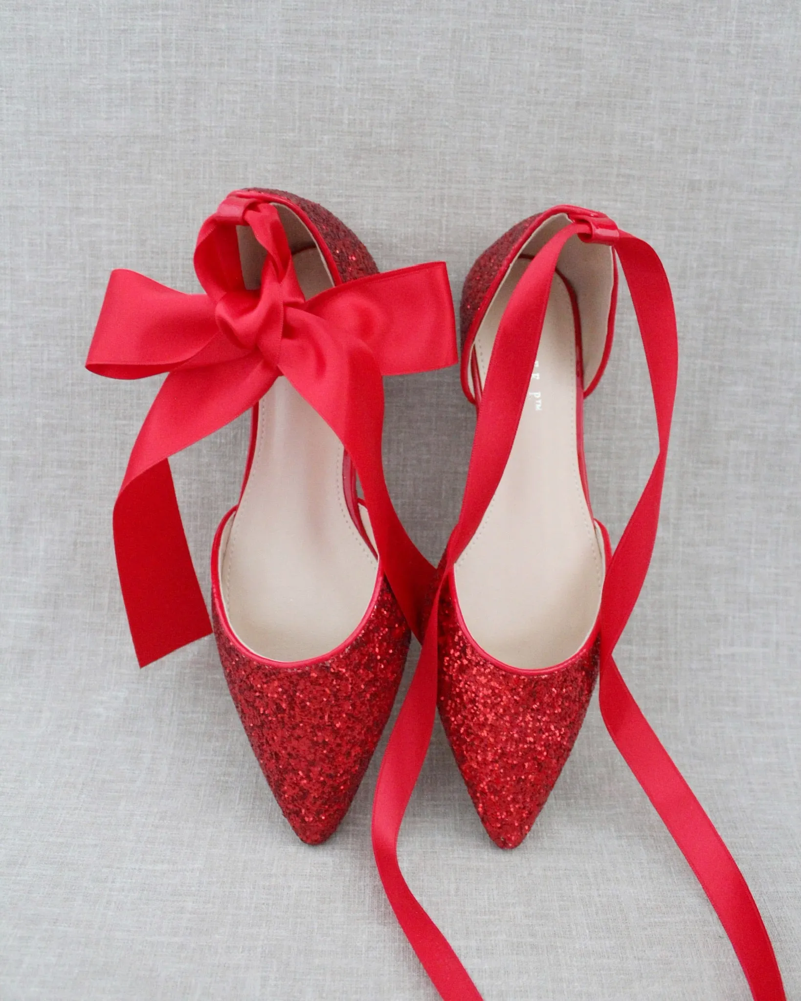 Rock Glitter Pointy Toe Flats with Satin Ankle Tie or Ballerina Lace Up