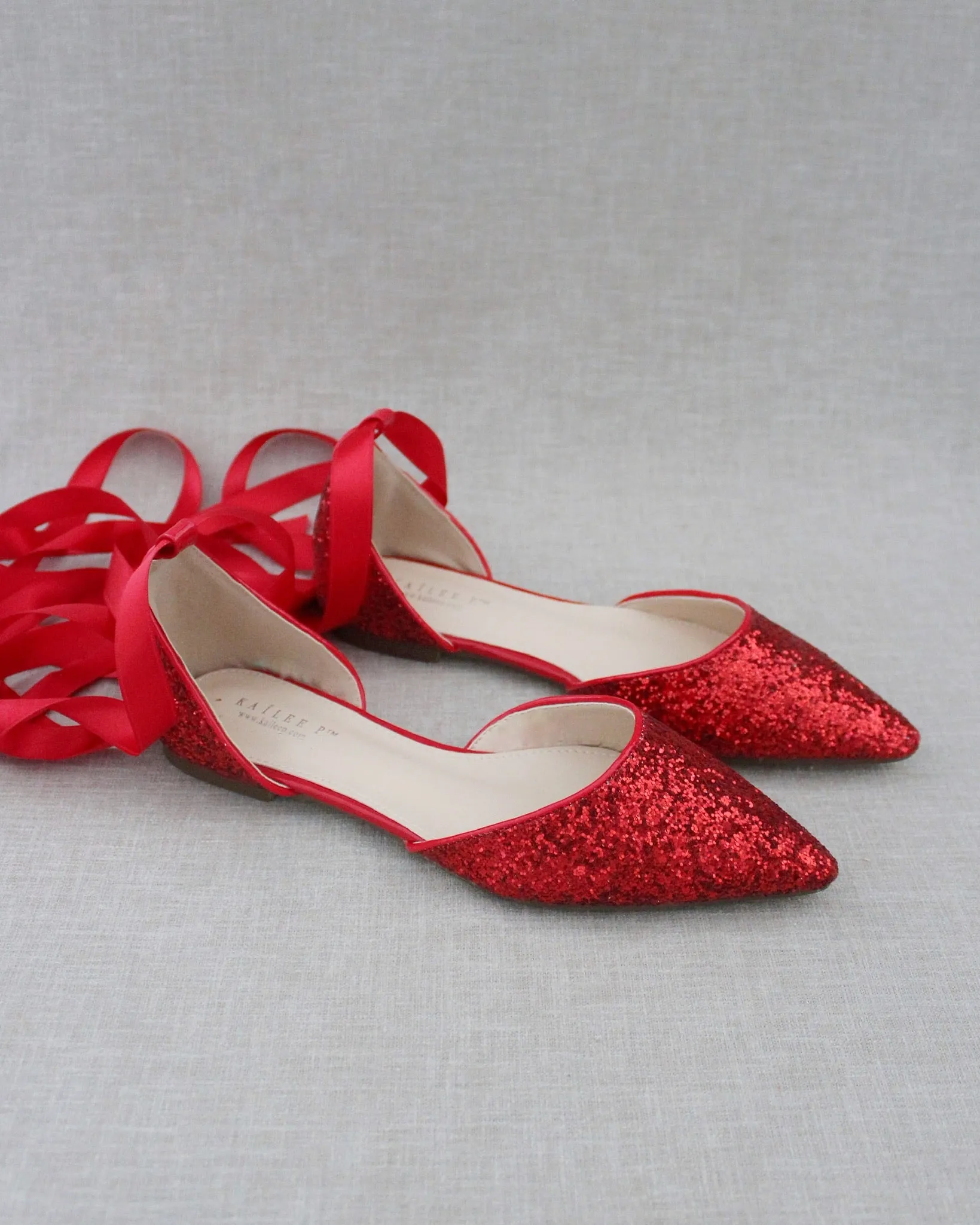 Rock Glitter Pointy Toe Flats with Satin Ankle Tie or Ballerina Lace Up