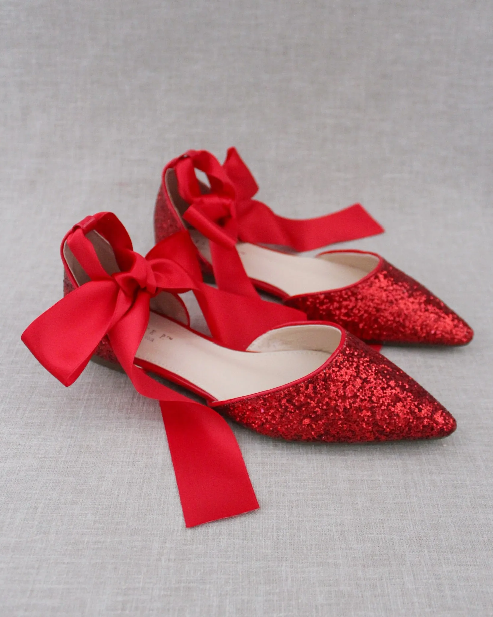 Rock Glitter Pointy Toe Flats with Satin Ankle Tie or Ballerina Lace Up