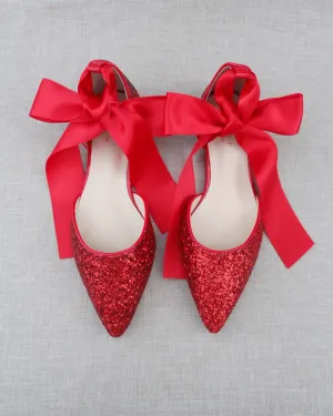 Rock Glitter Pointy Toe Flats with Satin Ankle Tie or Ballerina Lace Up