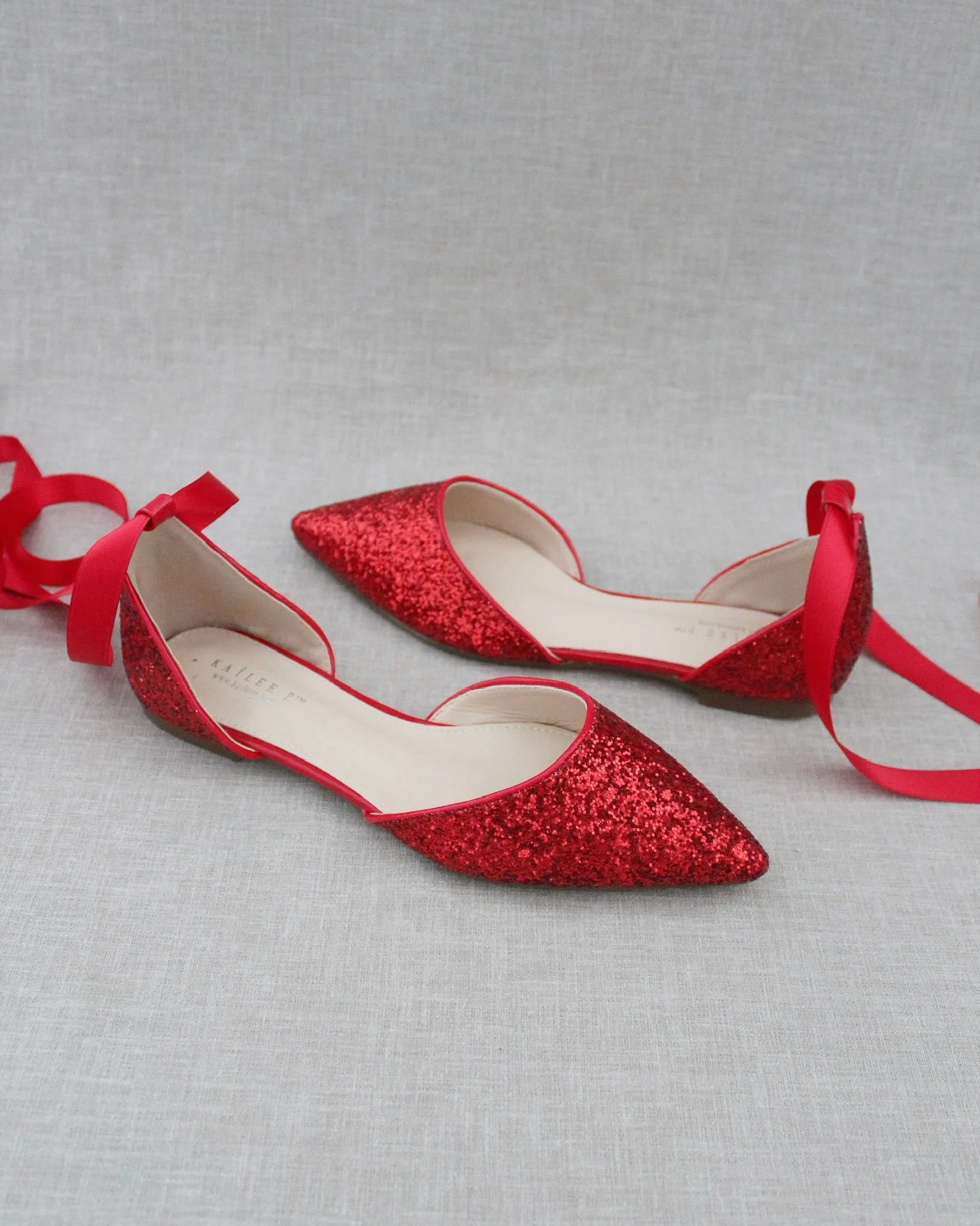 Rock Glitter Pointy Toe Flats with Satin Ankle Tie or Ballerina Lace Up