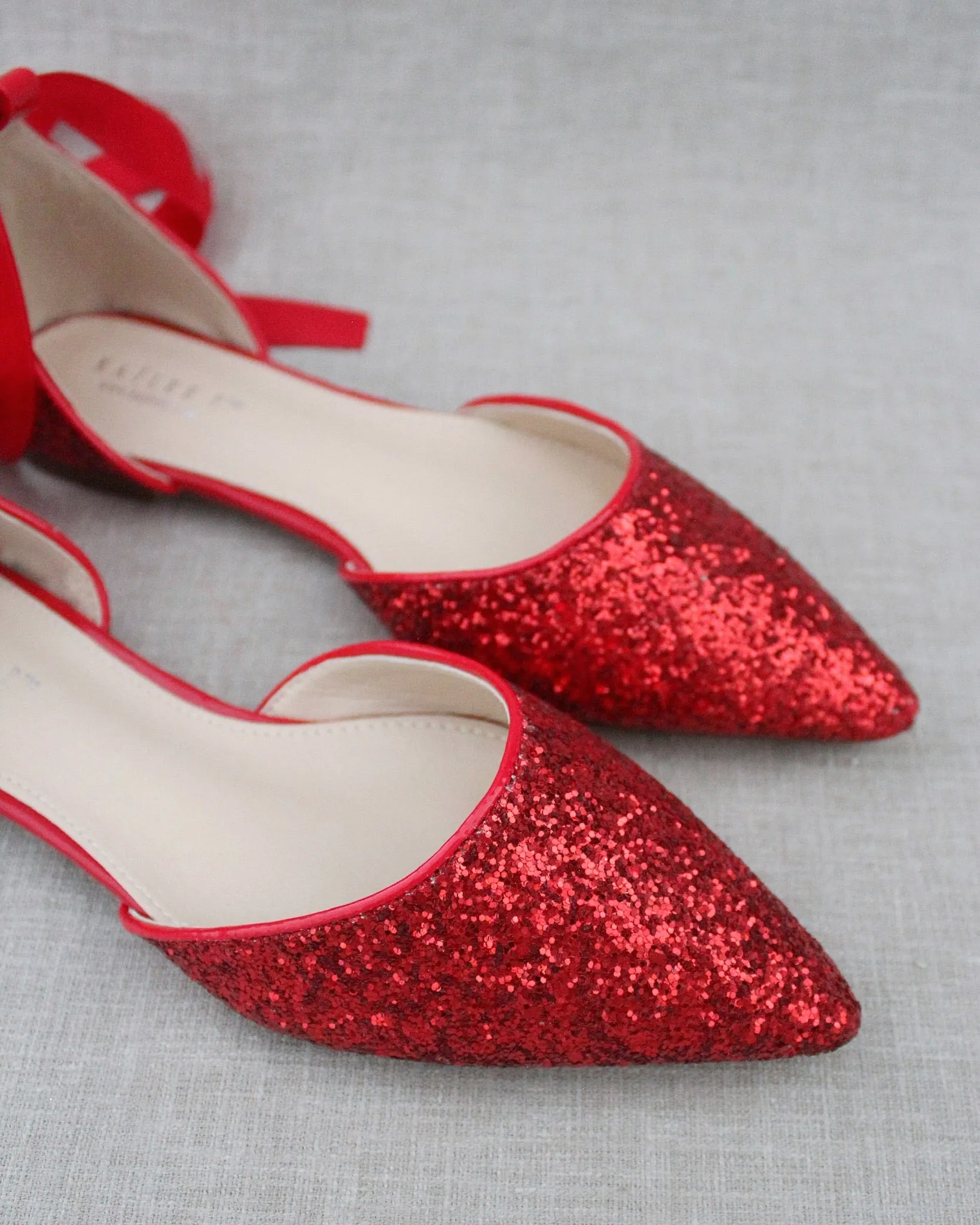 Rock Glitter Pointy Toe Flats with Satin Ankle Tie or Ballerina Lace Up