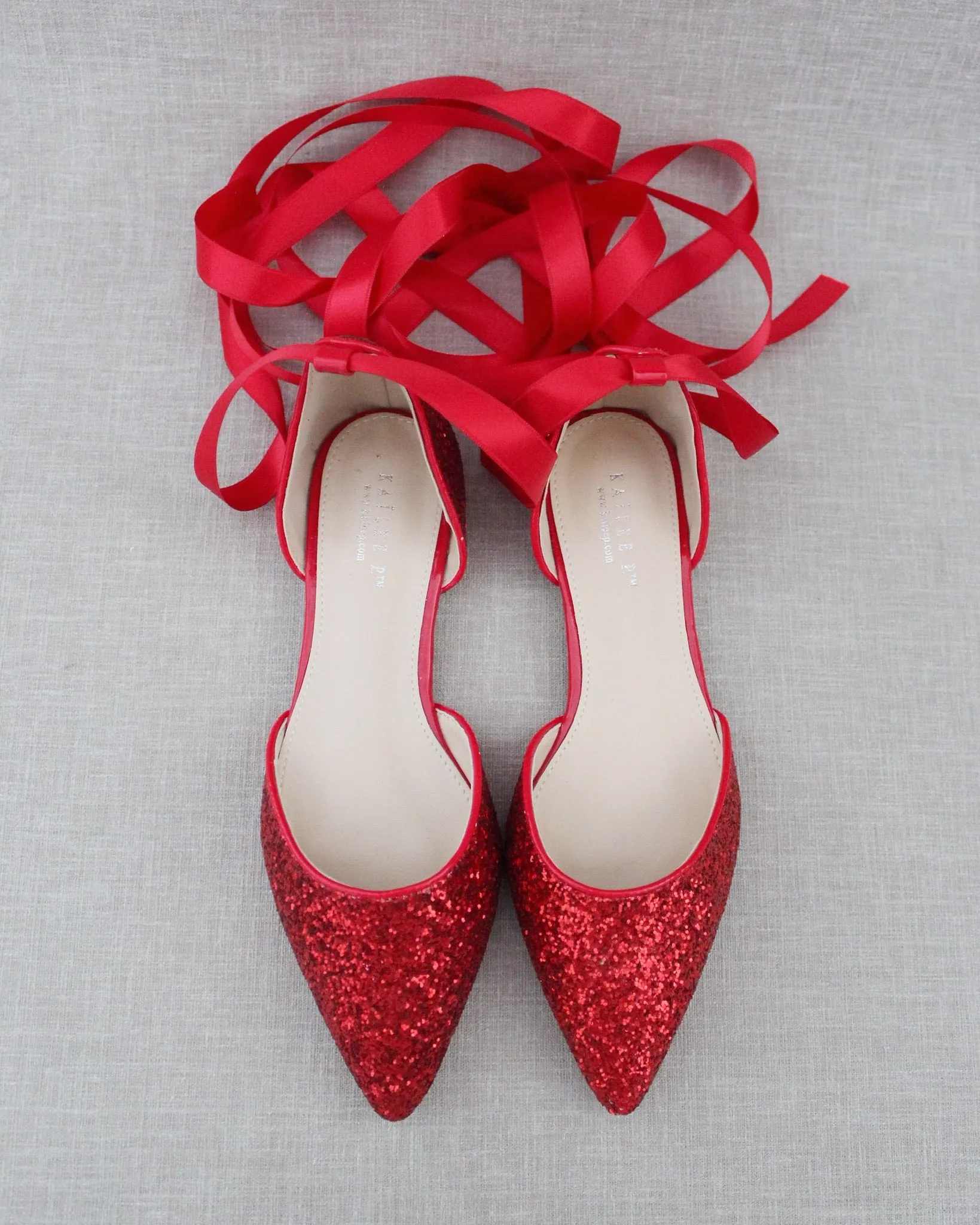 Rock Glitter Pointy Toe Flats with Satin Ankle Tie or Ballerina Lace Up