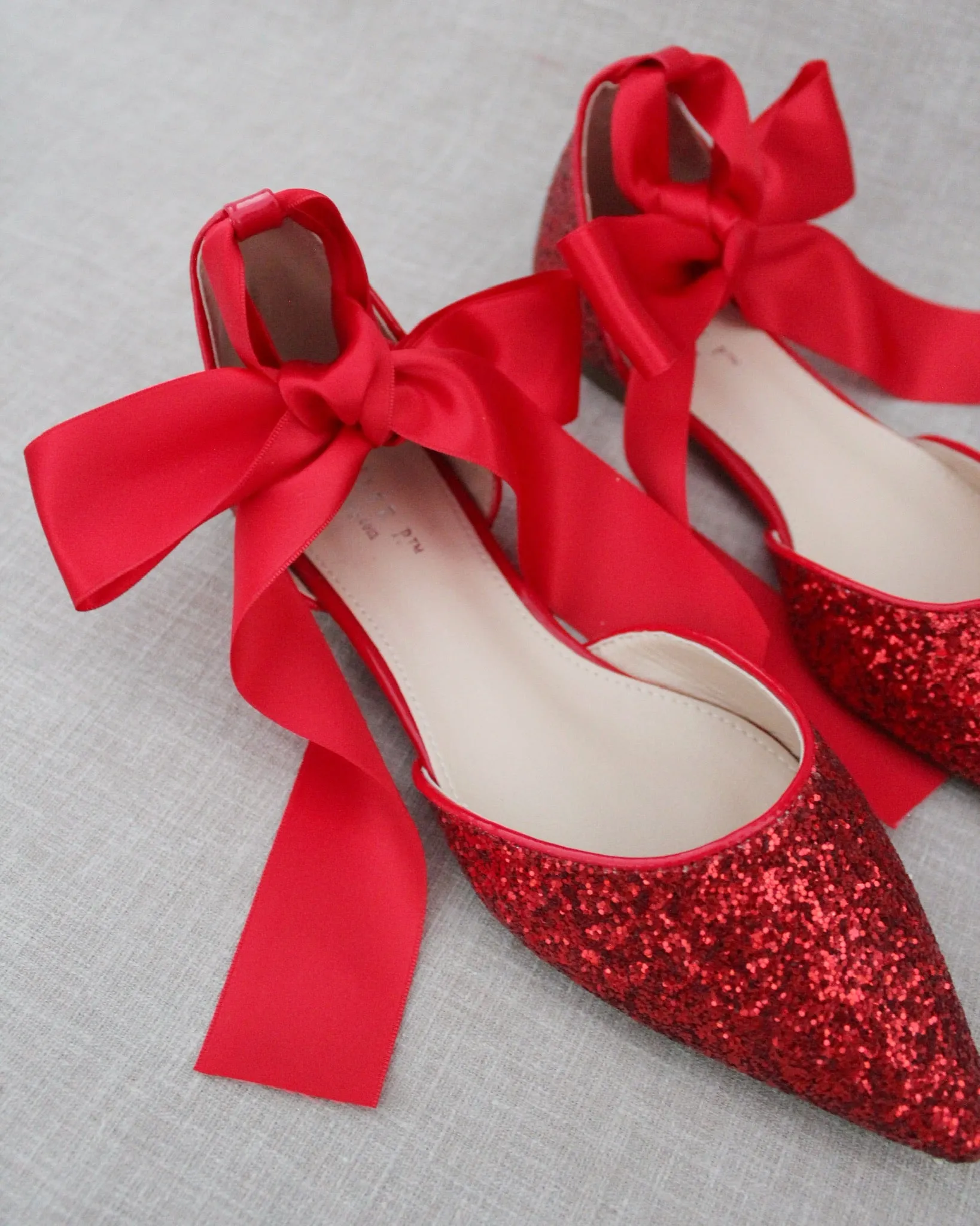 Rock Glitter Pointy Toe Flats with Satin Ankle Tie or Ballerina Lace Up